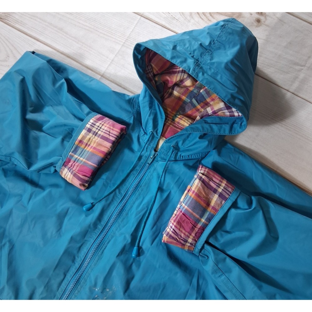 Vintage 90s Misty Harbor Blue Hooded Raincoat Plaid Flannel Lined Jacket Large